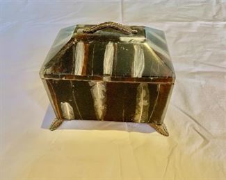 $155 - Maitland-Smith lidded wooden trinket box with feather motif feet and handle. 5.75"H x 6"W x 4"D