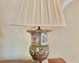 $995  - Canton Famille Rose  Gu-form lamp with hand made silk box pleat shade (shade as is).  Tested and working. 29"H x 18"D