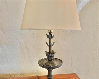 $295 - Bronze leaf motif lamp with silk shade. Tested and working. 26.75"H x 14"D