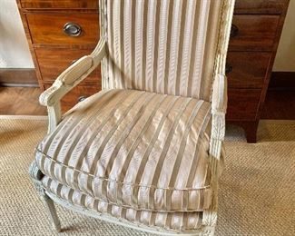 $495 - Century Louis XVI style custom upholstered  painted wood arm chair. Cut Velvet and sateen striped fabric. 37.5"H x 26.5"W x 22"D (seat height 20"H)
