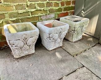 $270 - Set of Three figural squirrel square cast concrete planters. Wear consistent with age and use. 10.5"H x 10" x 10"