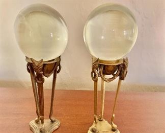 $70 PAIR - Glass orbs on metal bases. 10"H x 3.5"D