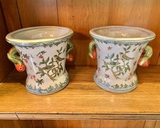 $120 - Pair of crackle glaze decorative ceramic planters with fruit handles. 6.75"H x 7.25"D