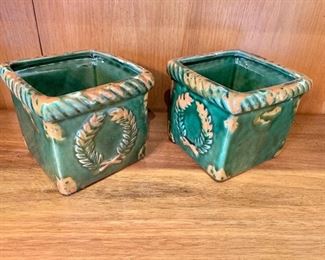 $50 - Pair of green ceramic planters with acanthus wreath motif.  4"H x 4.25" x 4.25"
