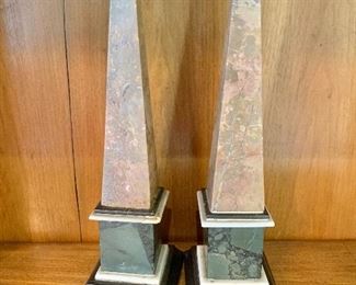 $150 - Pair of decorative stone obelisks on wood bases. 13.5"H x 3.75"W x 3.75"D