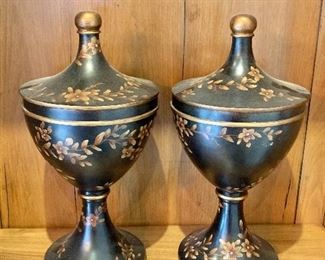$60 - Pair of decorative painted lidded urns. 16"H x 8"D