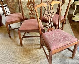 $2,000 ($250 each) Set of 8 Chippendale style chairs with damask seats. Wear consistent with age and use.  38.5"H x 22"W x 21.5"D (seat 19"H)