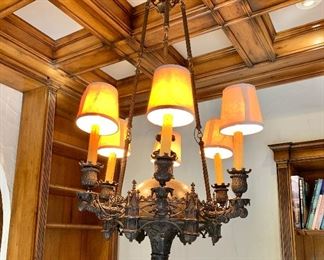 *****$3,996 FIRM - Gothic Revival bronze six arm chandelier with shades.  As seen in Architectural Digest. 45"H x 17"D - A $120 REMOVAL FEE WILL BE APPLIED