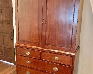 $1,995 -  English linen press, 1790-1830; two door and four drawers.  Wear consistent with age and use.  Minor repairs to moulding required) 80.5"H x 48.5"W x 21"D