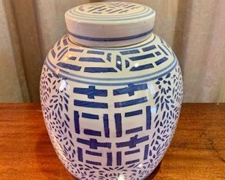$95 -   Mid Century blue and white ginger jar #1 10.5"H x 8"D
