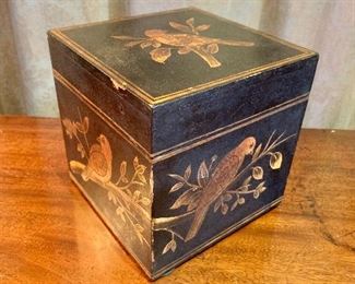 $120 - Sarreid Ltd. hinged lidded painted wood box with bird motif. 6"H x 6"W x 6"D 