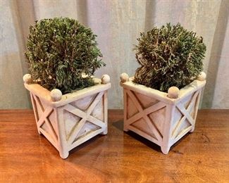 $40 - Pair of Forever Green Art preserved evergreens in ceramic planters. 10"H x 5.75"W x 5.75"D