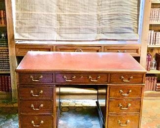 $3500  -  1870's fine nine drawer wood desk with leather top and brass handles. Wear consistent with age and use.  29.5"H x 49"W x 29"D (opening 23.5"H x 19.75"W)