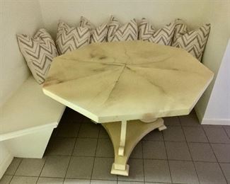$295 - Octagonal shaped pedestal table on castors. 30"H x 45"D (as is - see additional photos)