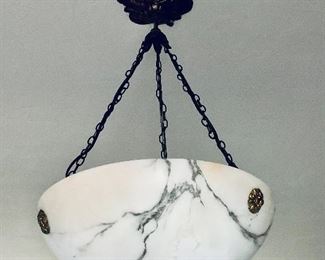 $750 - Early 1900’s deco style alabaster semi-flush mount pendant light; 21'L X 14"D - A $60 REMOVAL FEE WILL BE APPLIED