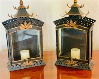 $395 - Pair of metal pagoda form lanterns. 14"H x 8"W x 3.5"D 