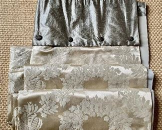 $250 per panel - Contrast Fold-over Scalamandre damask drapes with button detail.  Double lined.  Six panels: 44"W x 120"L and two panels: 66"W x 120"L.   As is, with some rips and tears at headings.