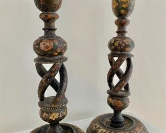 $250 - Vintage lacquered Kashmiri  wooden candlesticks.  Wear consistent with age and use. 10.5"H x 5"D