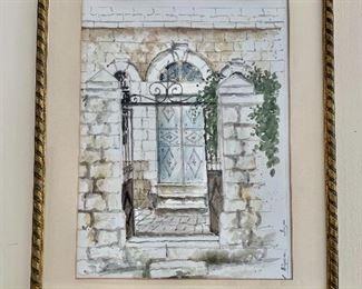 $175 - Framed original watercolor (Garden Gate, Jeruselem) #1.  Signed.  20.25"H x 16.25"W