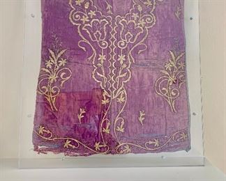 $300 - Framed Middle Eastern embroidered textile ; gold thread on silk  24"H x 22"W