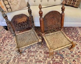 $395 PAIR; Vintage carved Pidha chairs. Wear consistent with age and use.  30"H x 18.5"W x 17.5"D (seat height 7"H)