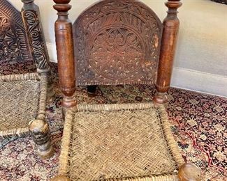 Vintage carved Pidha chair #1. 30"H x 18.5"W x 17.5"D (seat height 7"H)