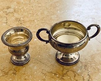 $60 - Sterling sugar bowl (weighted) as is;  3"H x 5.25"W 3.25"D and $40 sterling footed toothpick holder (weighted). 2.75"H x 2.5"D