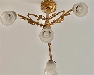 $1,400 - Large Vintage victorian brass three arm/ four light chandelier.  35"H x 25"D - $100 REMOVAL FEE