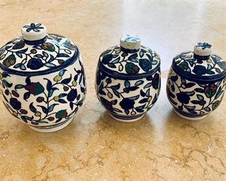 $60 - Set of three hand painted pottery dresser jars. Made in Jerusalem. Largest jar - 6"H, medium jar - 5"H and smallest jar - 4.5"H