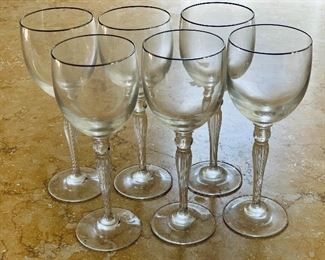 $35 each; Set of 14 Waterford "Carlton Platinum" white wine glasses (six pictured).  Some wear on silver rim on one glass. 7.75"H