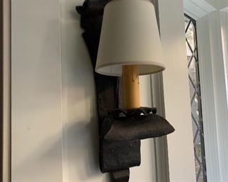 $295  - PAIR Rustic sconces with shades;  20"H x 8"W x 4.75"D;  - A $60 REMOVAL FEE WILL APPLY
