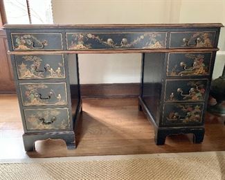 $2,600 - George II Chinoiserie desk with red leather top.  Nine drawers.  30.5"H x 46"W 23"D