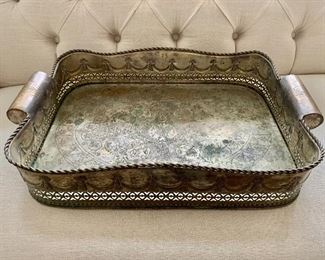 $145 - Vintage Brass handled large serving tray.  4.5"H x 23"W x 15"D