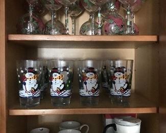 Hand painted cardinal wine glasses, snowman pint glasses. Mugs