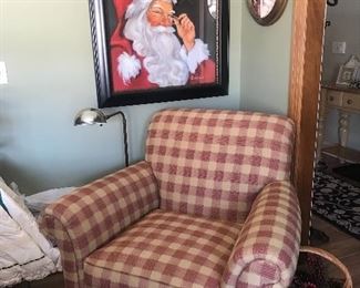 Chair, brass pharmacy lamp, large framed Santa print Believe by Susan Commish