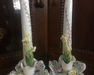 Porcelain candlesticks with applied daffodils  & floral candlestick holders 
