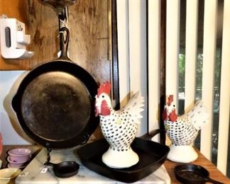 Cast Iron 10" Skillet by Puritan, Griswold Square Skillet, Signed Southern Pottery Roosters by Jessie Meaders.