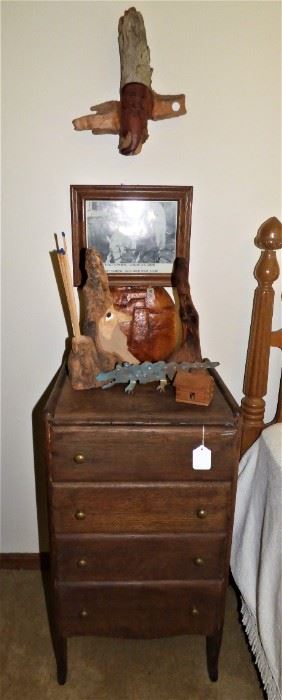 Primitive 4-drawer Cabinet, Hand-Carved "Mountain Men" items,  Autographed picture of Lash LaRue
