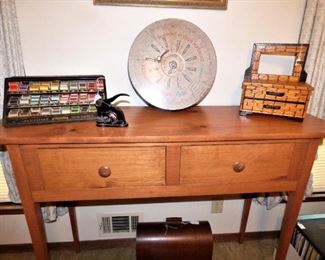 Handmade Hunt Board, Tramp Art, Antique thread Cabinet,  Antique Singer Portable Sewing Machine, Antique Fountain Pen Tin
