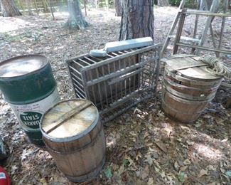 Primitive chicken coop, barrel, Quaker State Oil Drum, bushel baskets