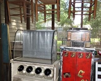 Country Store Glass Case, Retro Booth Juke Box, Cane seat chairs, etc.