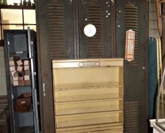 Vintage school lockers, Winston Cigarette metal display,  Tool carrier and crate