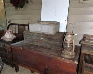 Antique primitive tool chests,  Primitive Cedar chest on legs, Kerosene lantern, enamel top for table