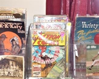 Vintage Comic Books "Action Comics", misc. ephemera incl. Phil Niekro autographed photo