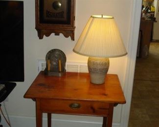 Pine pintop table, oak long drop clock