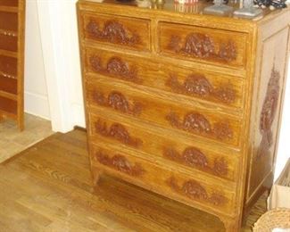 Asian 5 drawer chest, carved.