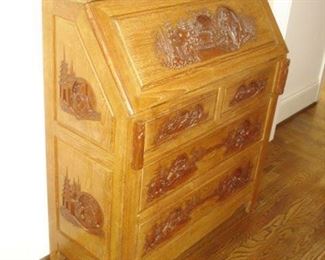 Asian slant lid desk, carved