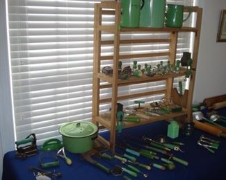 Green handled kitchen items, vintage