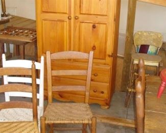 old ladderback chairs, pine wardrobe