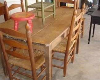 5 foot yellowpine table, childs arm chair w/original paint , ladderback chairs set of 5